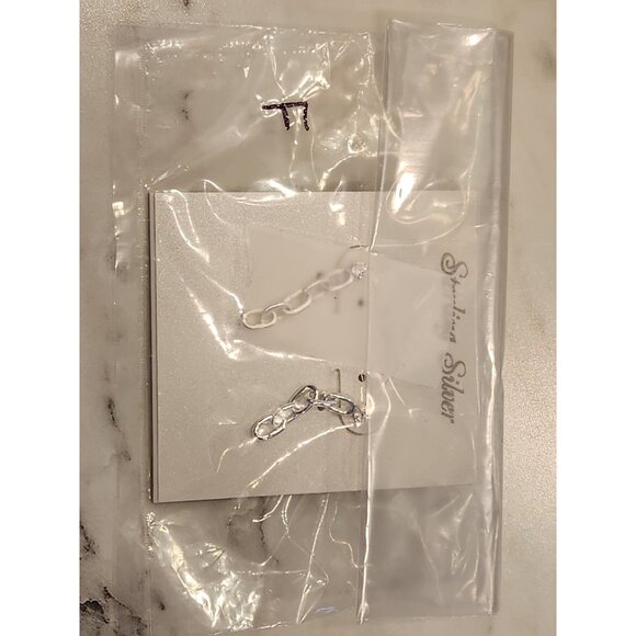 Sterling Silver Chain Drop Earrings With Cubic Zirconia Studs - Picture 2 of 5